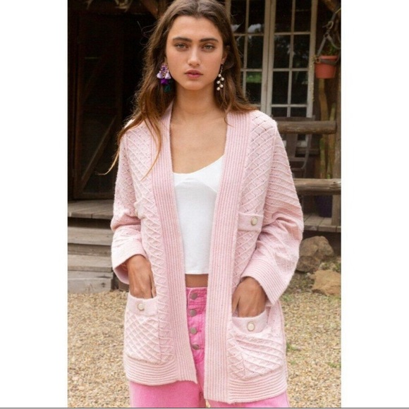 POL Clothing NEW Women's Baby Pink Luxe Open Cardigan Sweater with Buttons Large - Picture 3 of 12